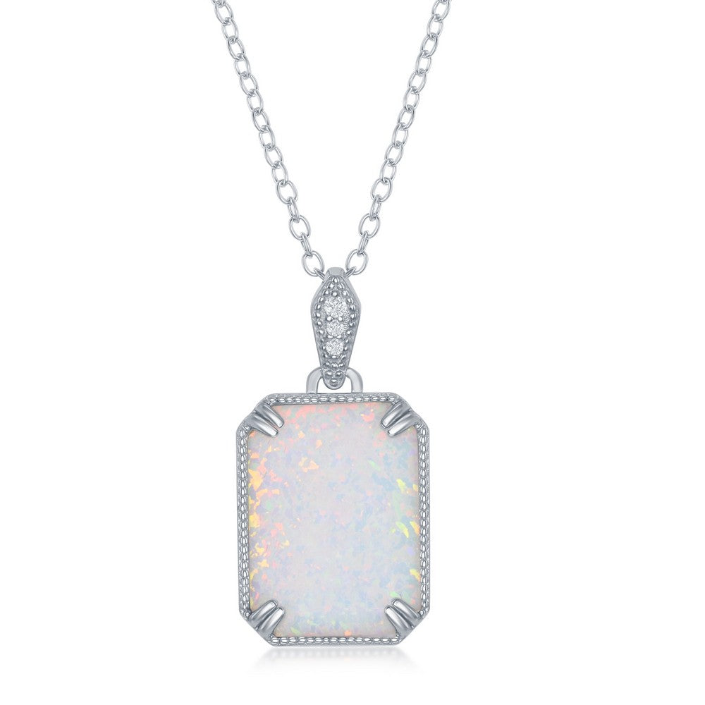 Sterling Silver, Rectangle White Opal, Beaded border CZ Pendant