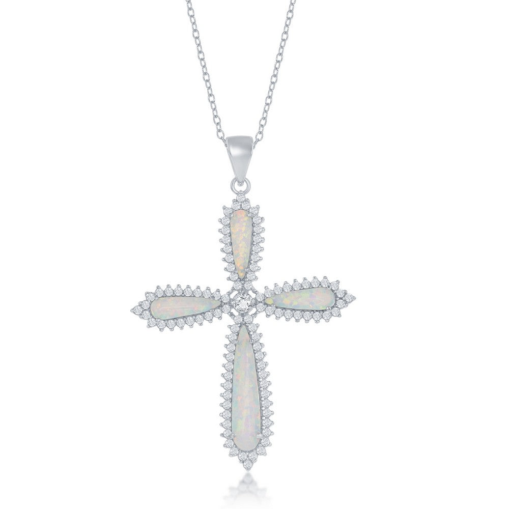 Sterling Silver, White Opal CZ Border Large Cross Pendant