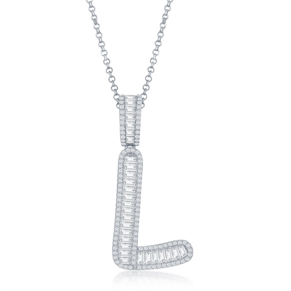 Sterling Silver Baguette CZ Extra Large ' L' Initial Pendant W/Chain