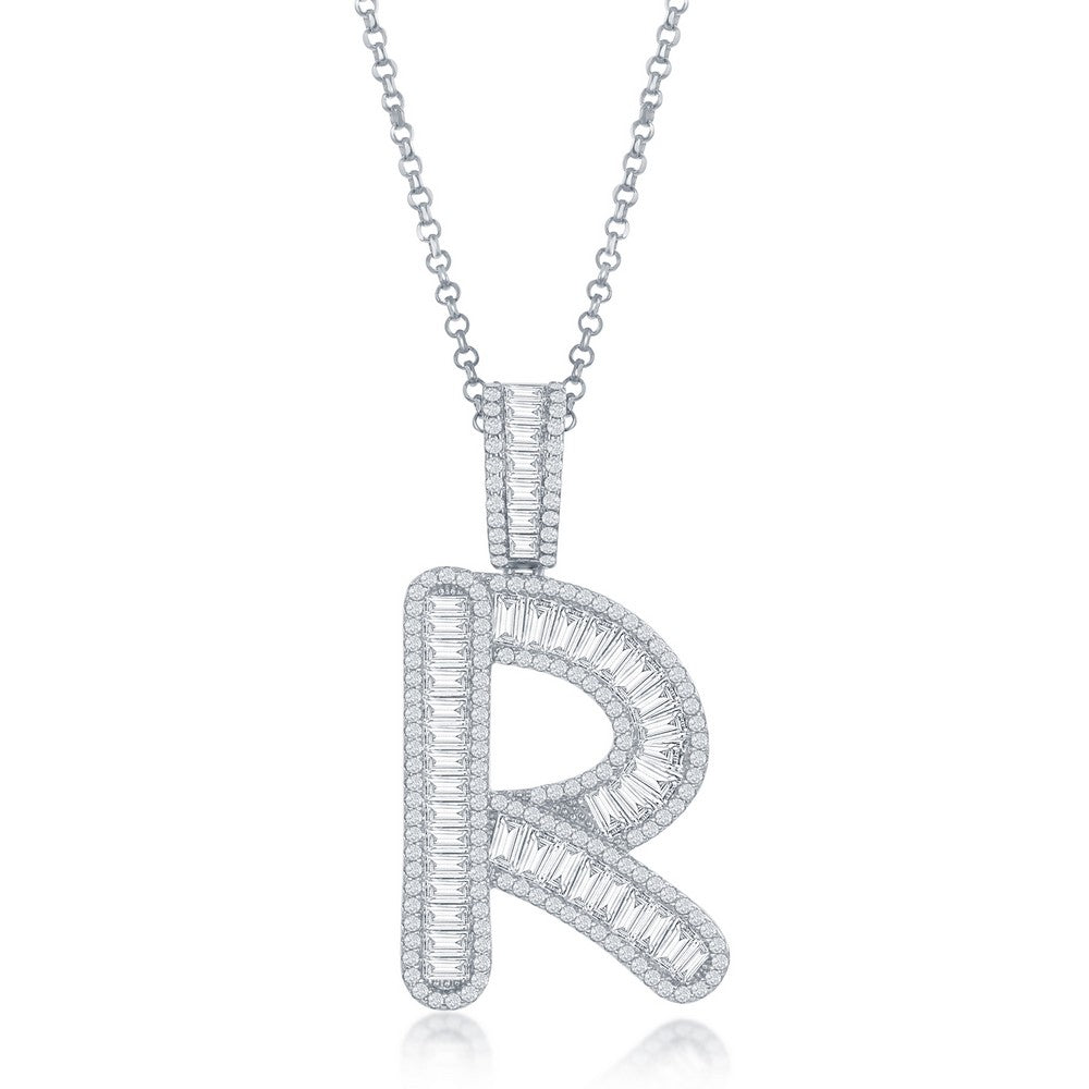 Sterling Silver Baguette CZ Extra Large 'R' Initial Pendant W/Chain