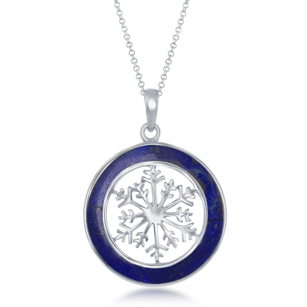 Sterling Silver Snowflake Round Pendant W/Chain - Lapis