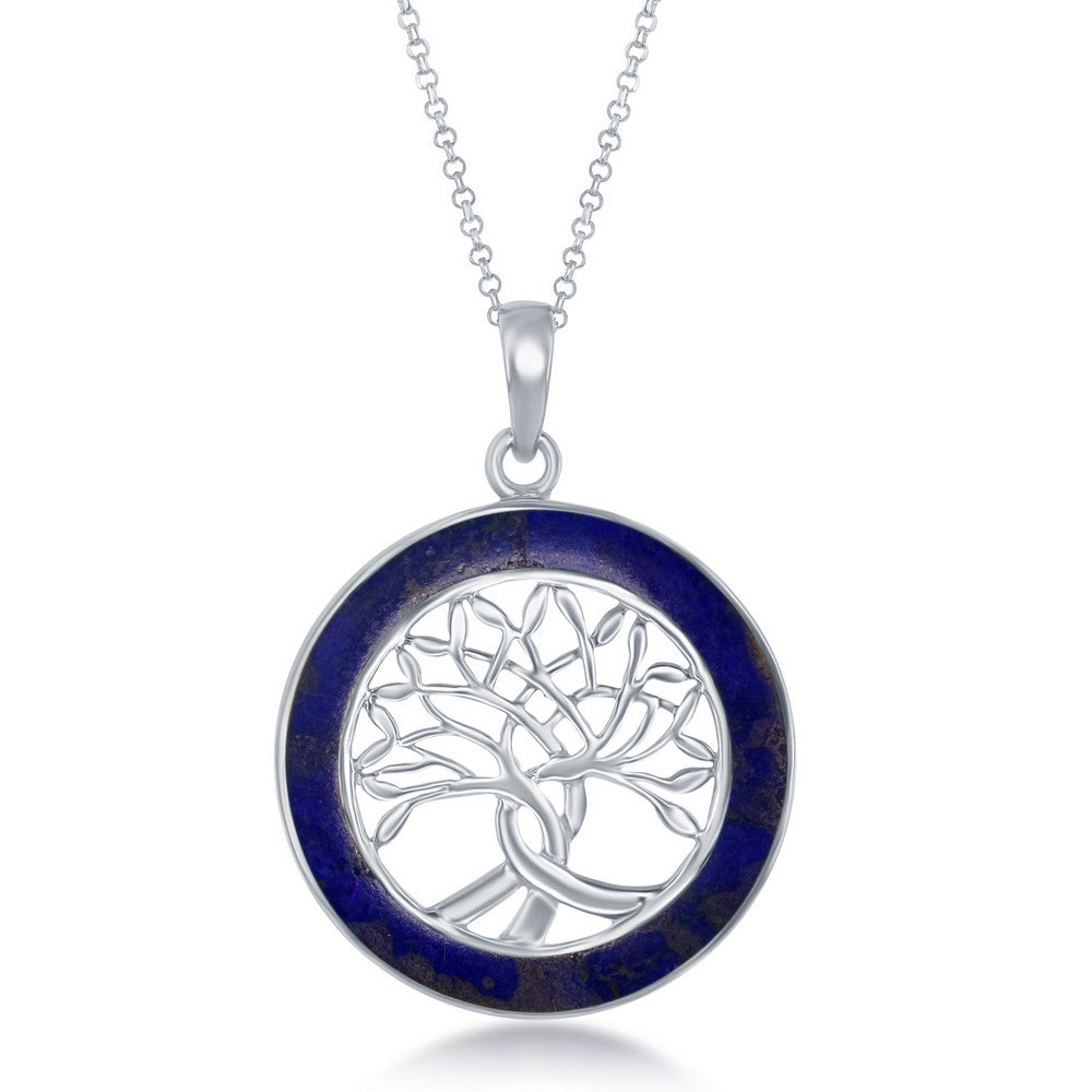Sterling Silver Tree of Life Round Pendant W/Chain - Lapis