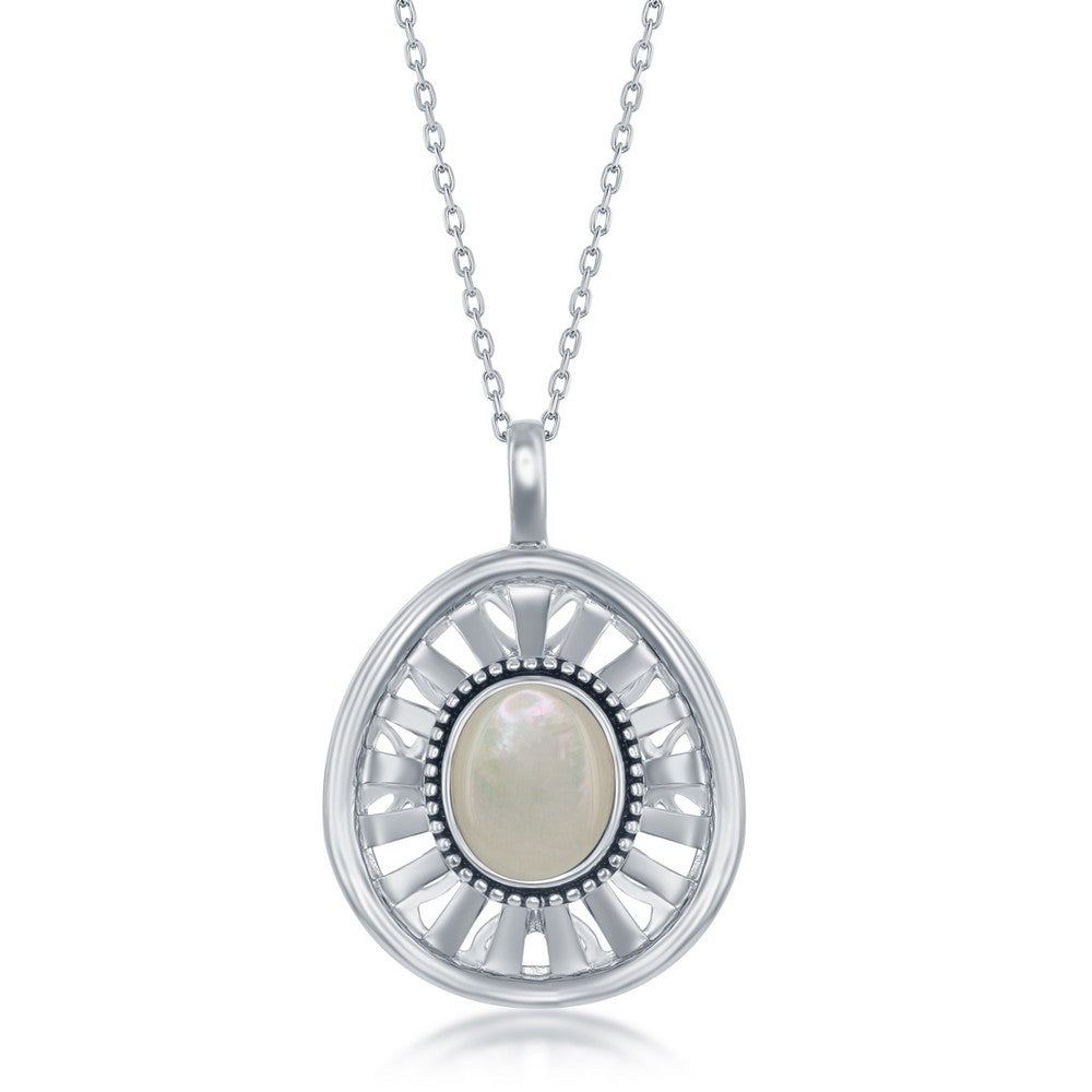 Sterling Silver Oval Mother of Pearl Open Designed Back Oxidized Pendant