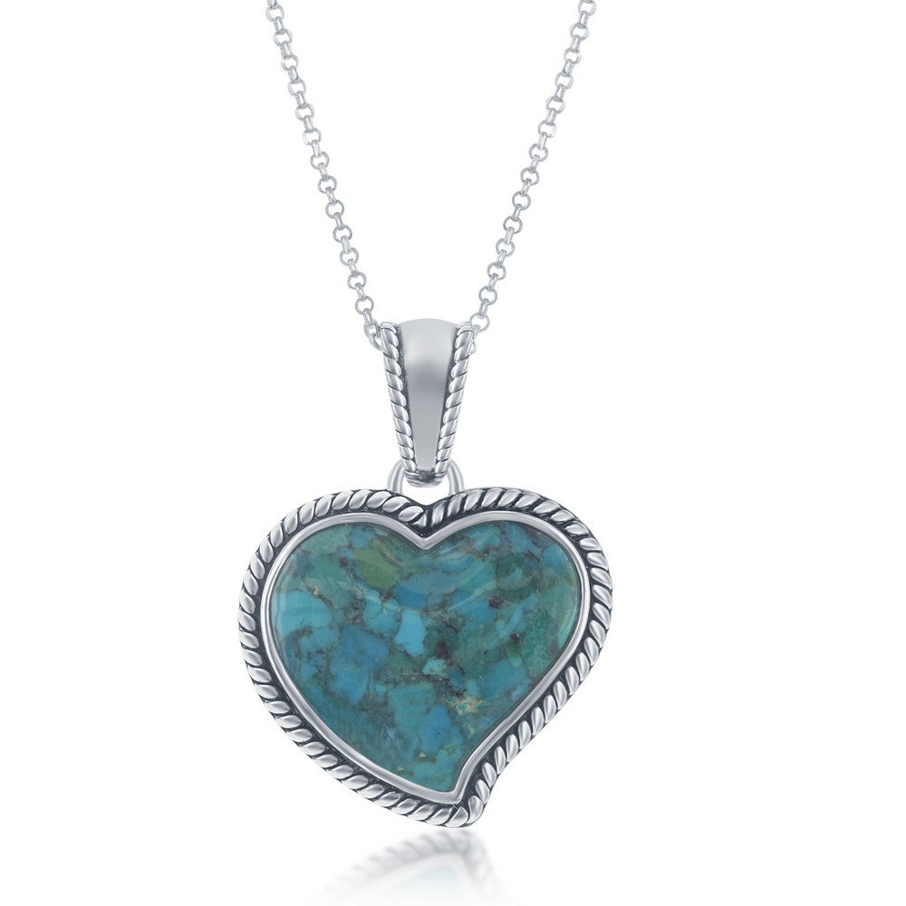 Sterling Silver, Oxidized Rope Design Border Heart Pendant w/Chain - Turquoise
