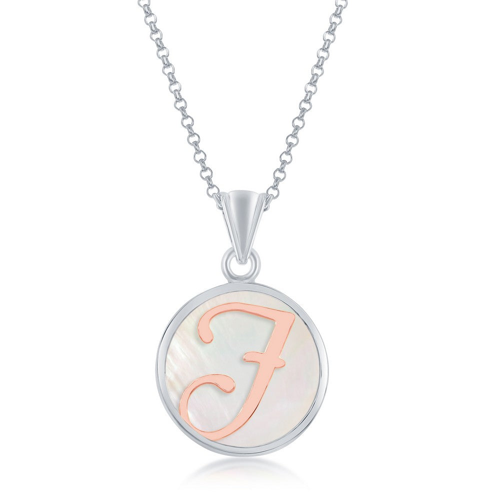 Sterling Silver, MOP Pendant, Rose Gold 'J' Script Initial W/Chain