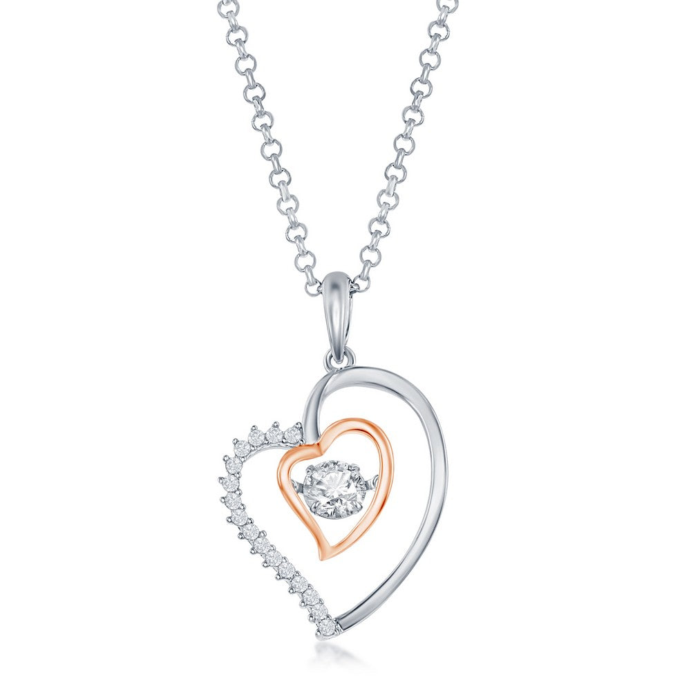 Sterling Silver, Double Heart CZ Pendant - Rose Gold Plated