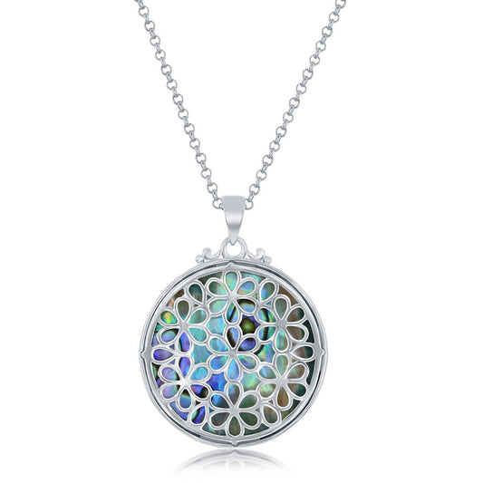 Sterling Silver Designed Round Abalone Pendant w/chain