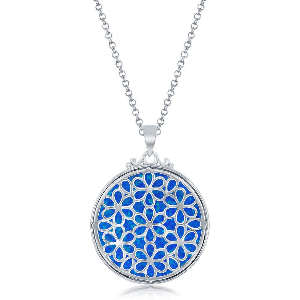 Sterling Silver Round Filigree Design Round Blue Opal Pendant w/Chain