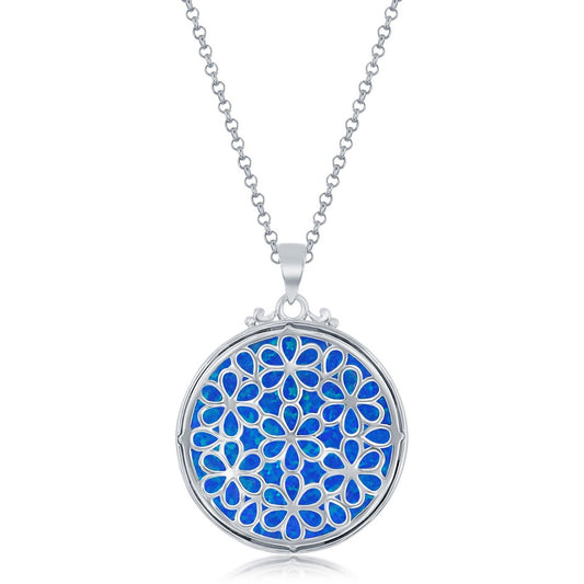 Sterling Silver Round Filigree Design Round Blue Opal Pendant w/Chain