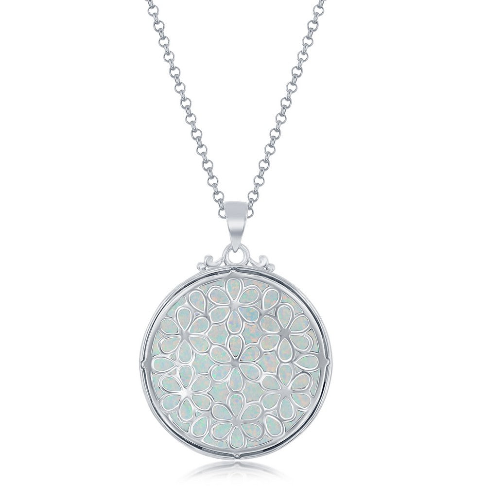 Sterling Silver Round Filigree Design Round White Opal Pendant w/Chain
