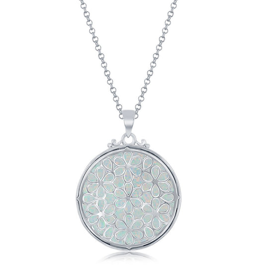 Sterling Silver Round Filigree Design Round White Opal Pendant w/Chain