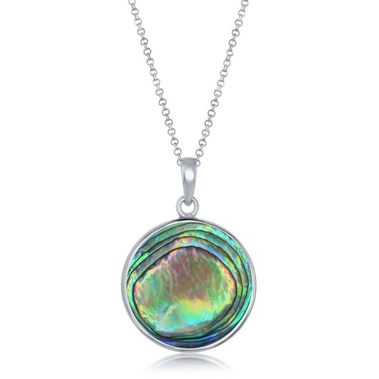 Sterling Silver Abalone Round Owl Pendant w/chain