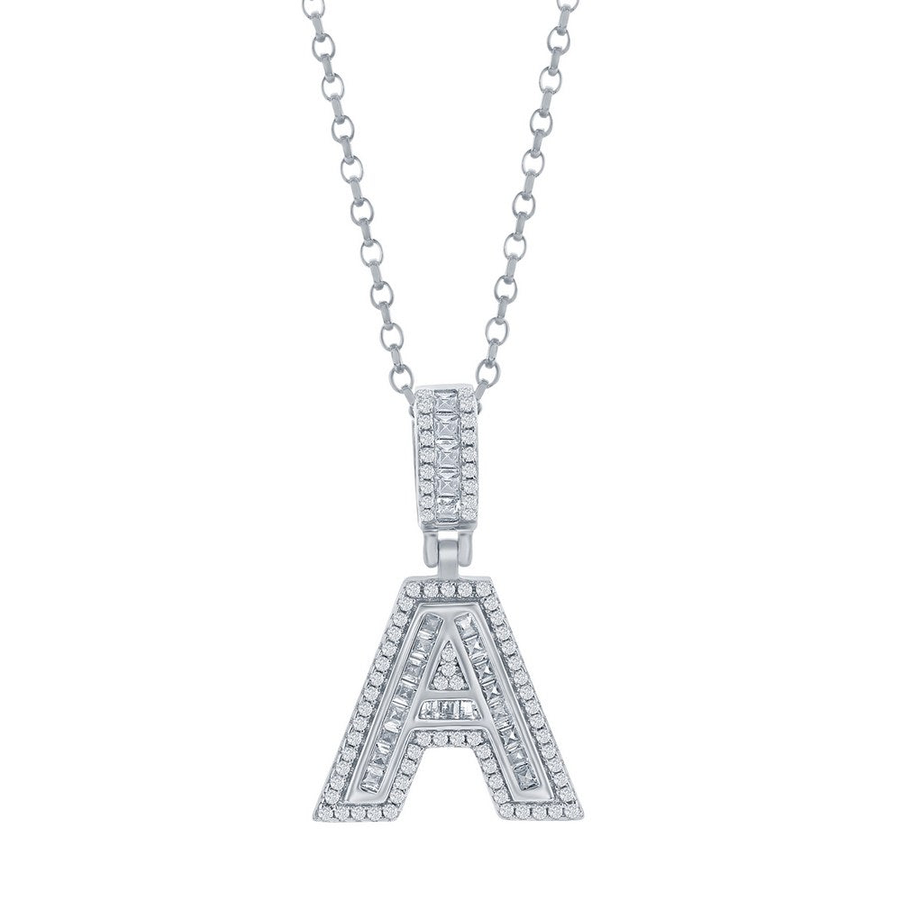 Sterling Silver 'A' Baguette CZ Initial Pendant w/Chain