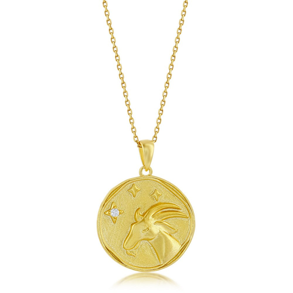 Sterling Silver 'CAPRICORN' CZ Zodiac Circle Pendant w/Chain - Gold Plated