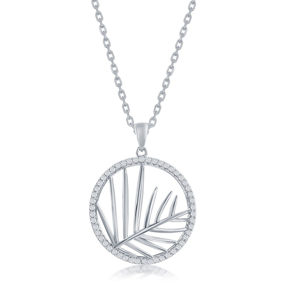 Sterling Silver Round CZ Outline w/ Center Cut-Out Leaf Pendant