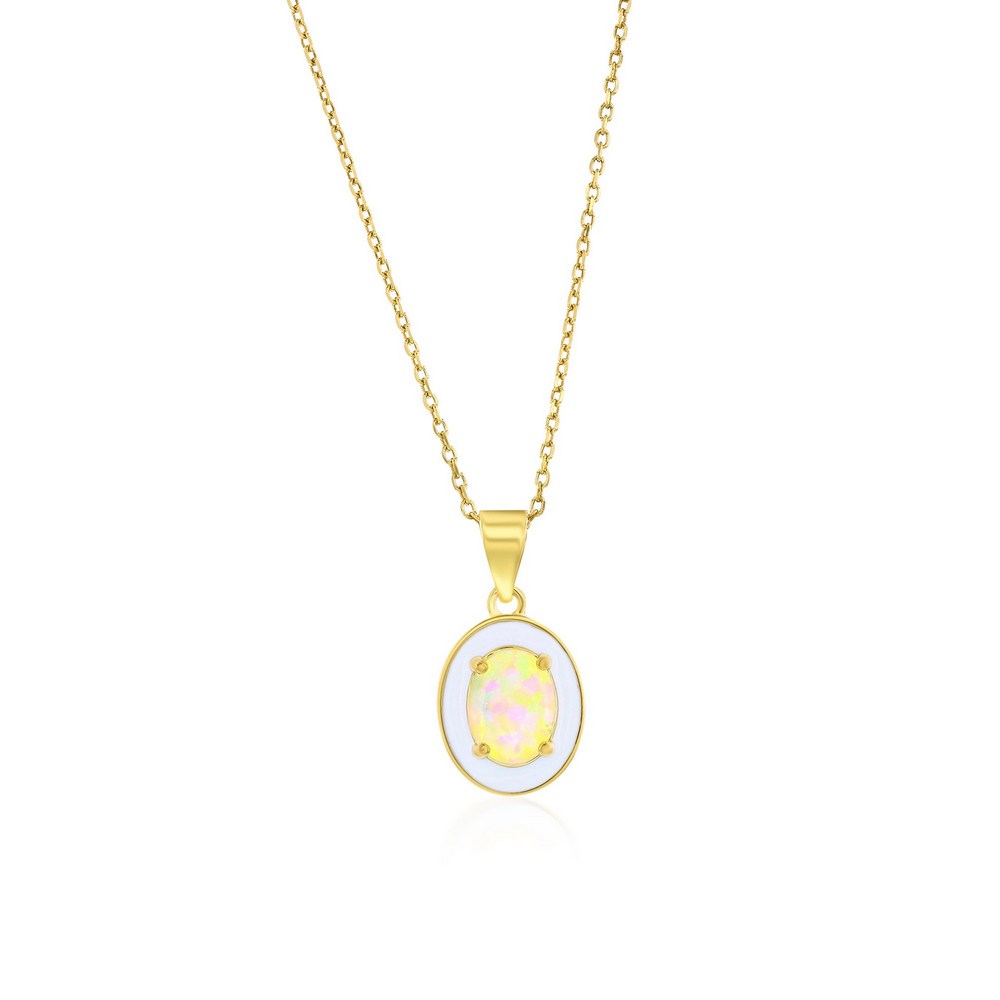 Sterling Silver White Opal & Enamel Oval Pendant - Gold Plated