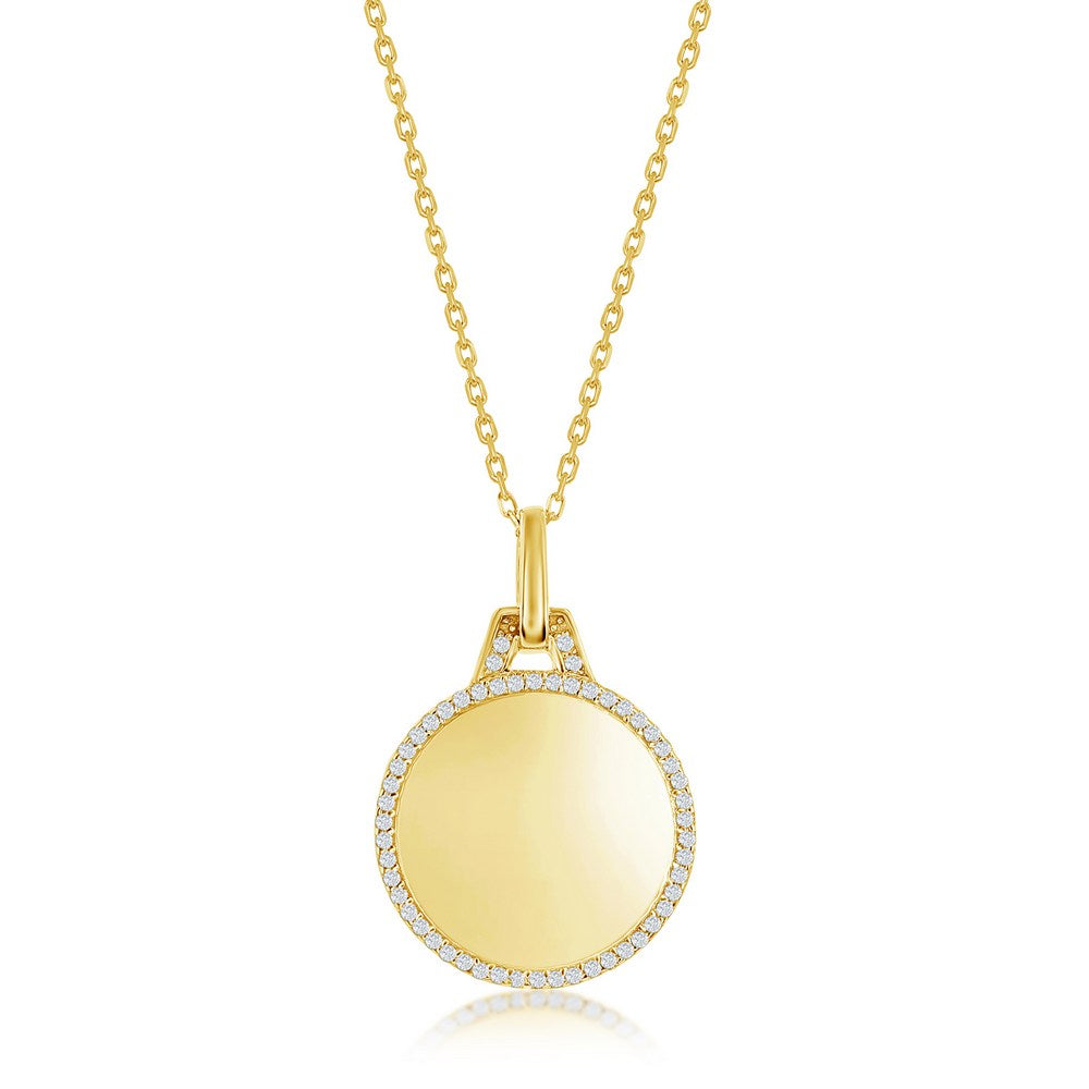 Sterling Silver, Polished Circle w/CZ Border Necklace - Gold Plated