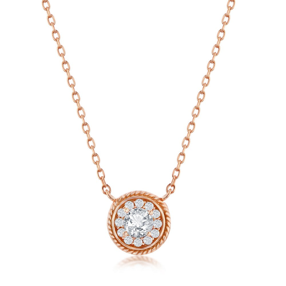 Sterling Silver Round CZ Rope Design Border Necklace - Rose Gold Plated