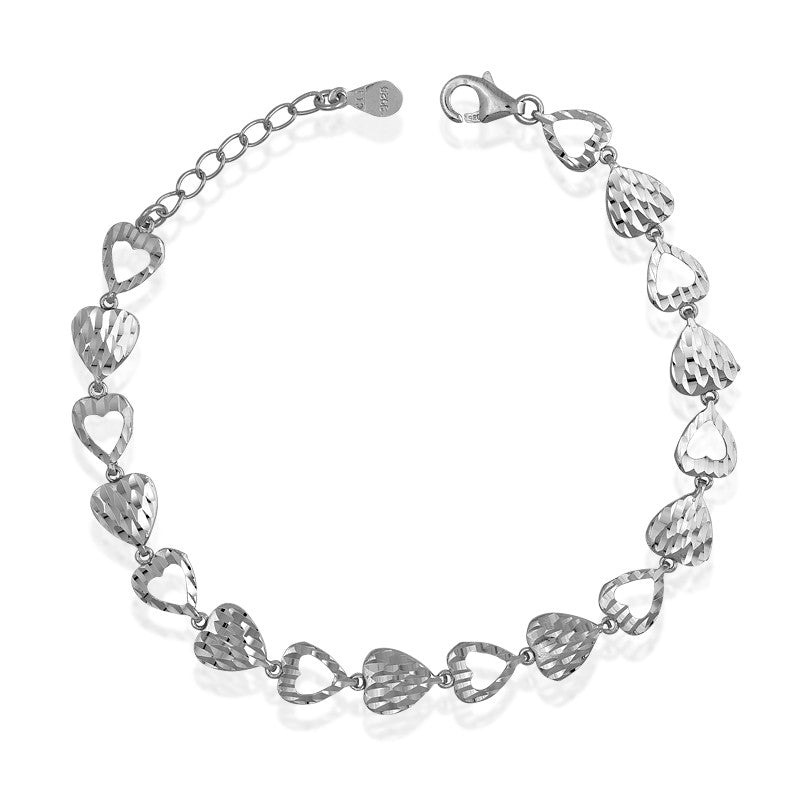 Sterling Silver Alternating Open and Regular D-C Small Hearts Bracelet
