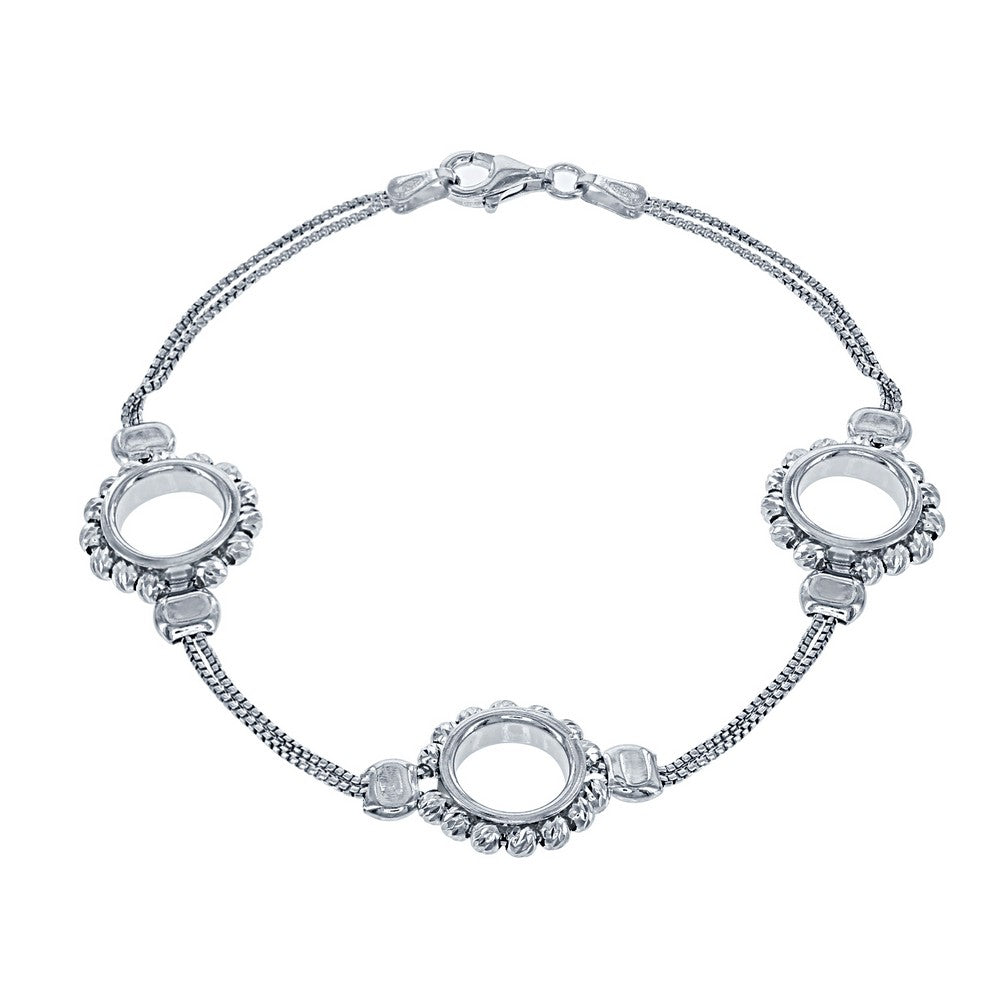 Sterling Silver Double Chain with Triple Open Beaded Circle Bracelet