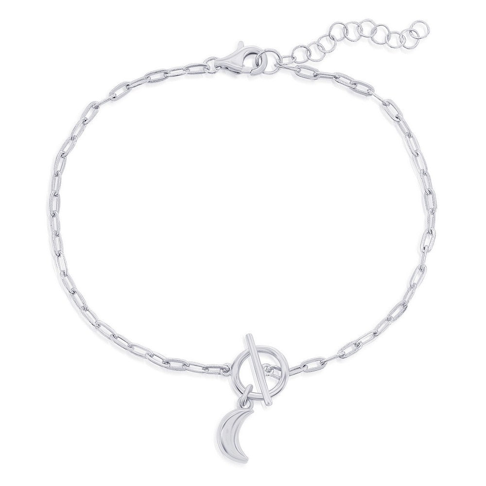 Sterling Silver Crescent Moon Charm Paperclip Toggle Bracelet