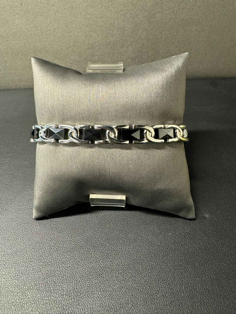 Stainless Steel 7" Faceted Black Ceramic Link Bracelet
