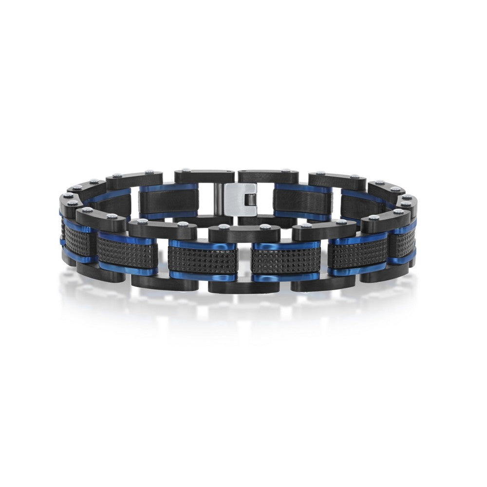 Stainless Steel Textured Link Bracelet - Black & Blue