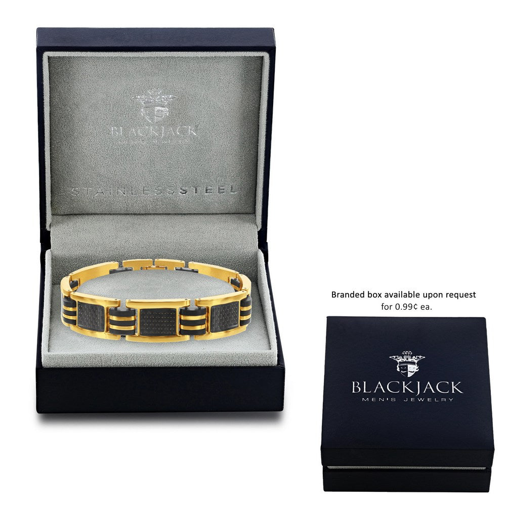 Stainless Steel Black Rubber & Carbon Fiber Bracelet - Gold Plated