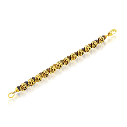 Stainless Steel Genuine Tiger Eye Beads Skull Bracelet - Gold Plated