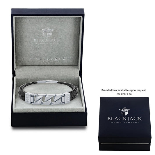 Stainless Steel Genuine Black Leather Curb Link Bracelet