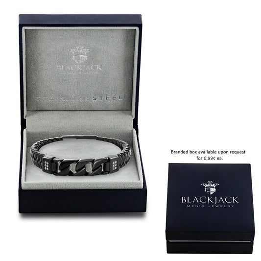 Stainless Steel Genuine Black Leather Black Curb Link w/ CZ Bracelet