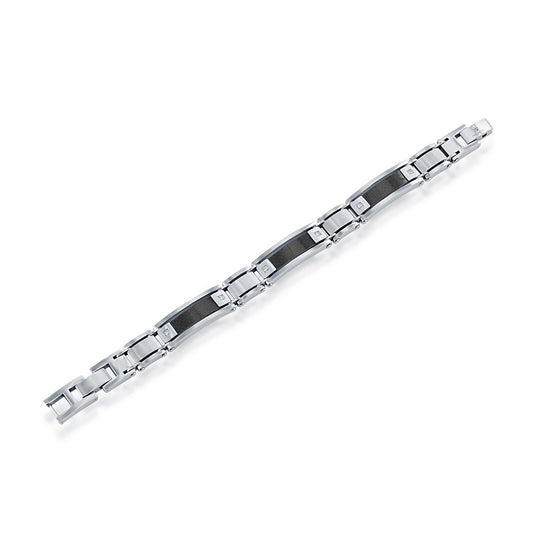Stainless Steel Black Carbon Fiber Brushed and Polished Link Bracelet