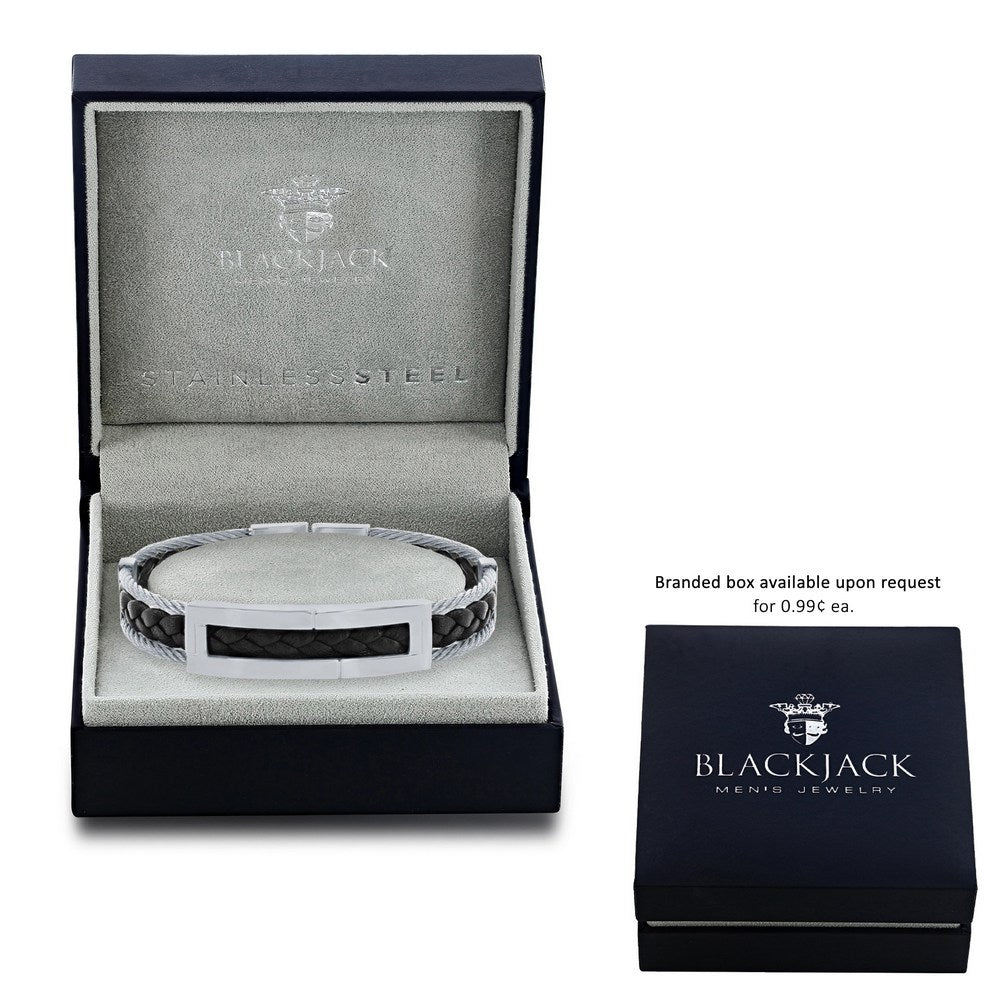 Stainless Steel Leather Cable Bracelet - Black & Silver