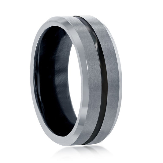 Matte & Polsihed Silver and Black Stripe Tungsten Ring
