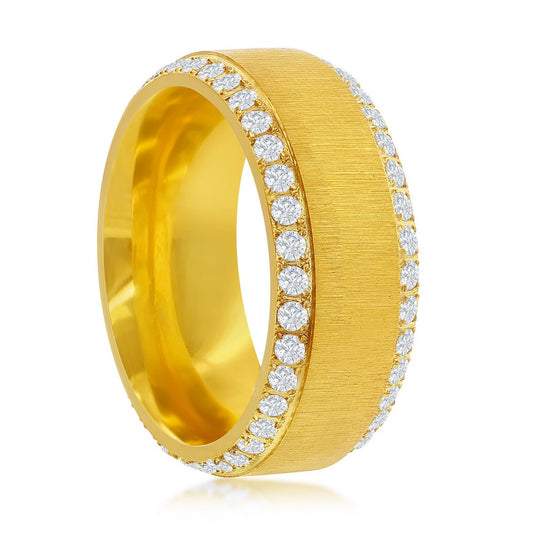 Stainless Steel Double Row CZ Eternity Satin Band Ring - Gold Plated