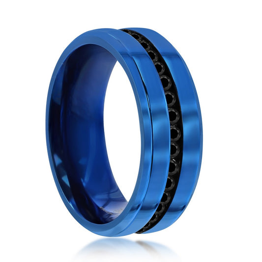 Stainless Steel Blue w/ Black CZ Eternity Band Ring