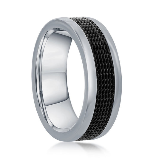 Stainless Steel Black Mesh Inlay Polished Band Ring