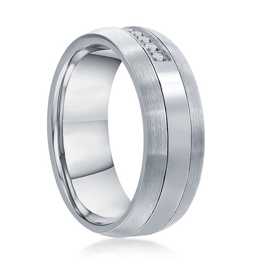 Brushed & Polished Half CZ 8mm Tungsten Ring