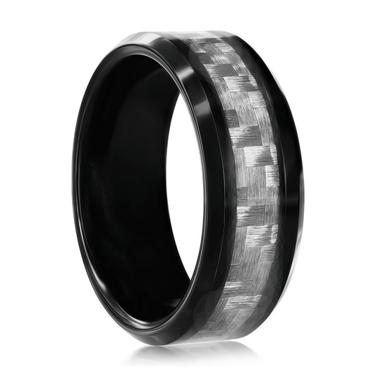 Black Plated Tungsten Ring - Silver Carbon Fiber
