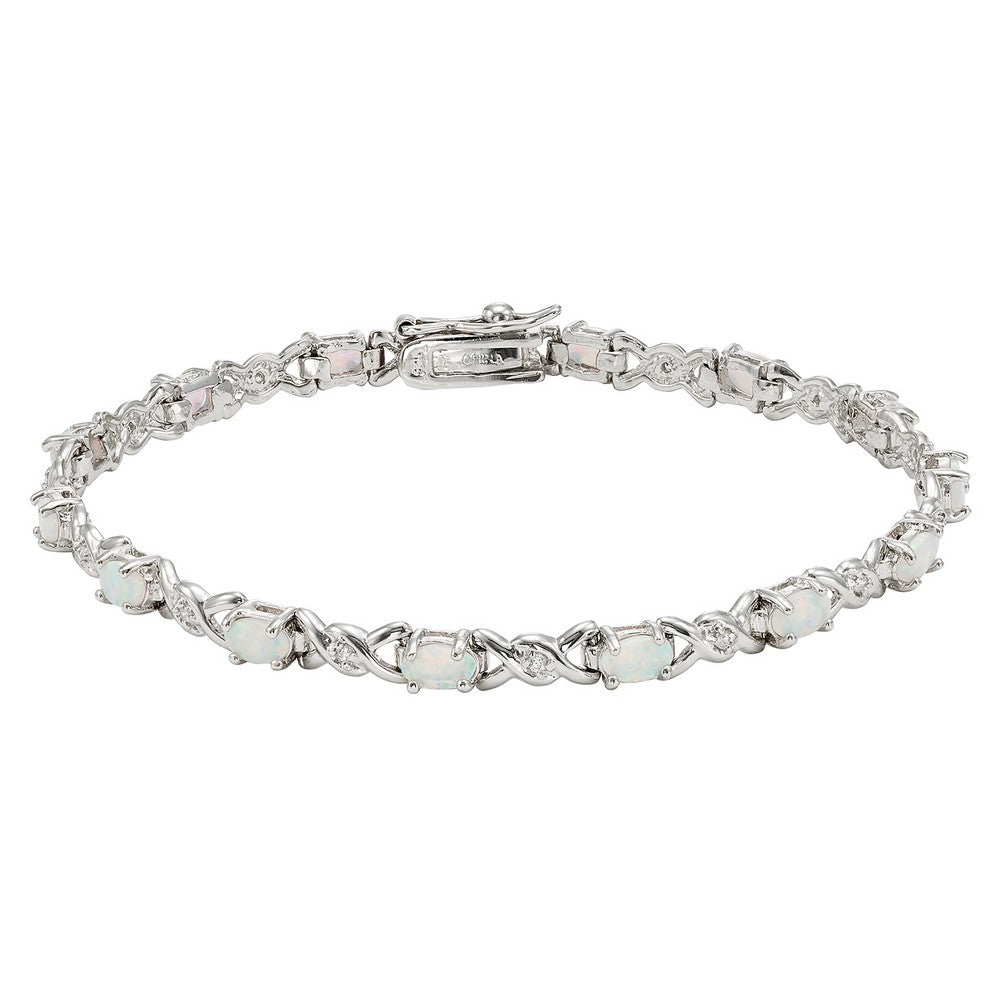 Sterling Silver Double "X" With CZ & Oval White Opal Bracelet