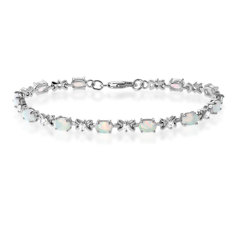 Sterling Silver "X" With CZ & Oval White Opal Stones Bracelet