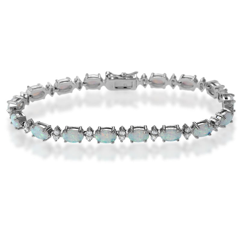 Sterling Silver Oval White Opal & Marquise Shape CZ Bracelet