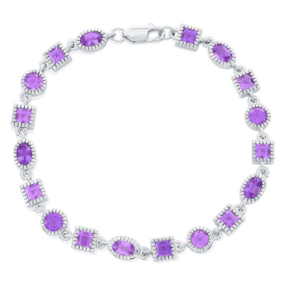 Sterling Silver Oval & Square Gem Bracelet - Amethyst