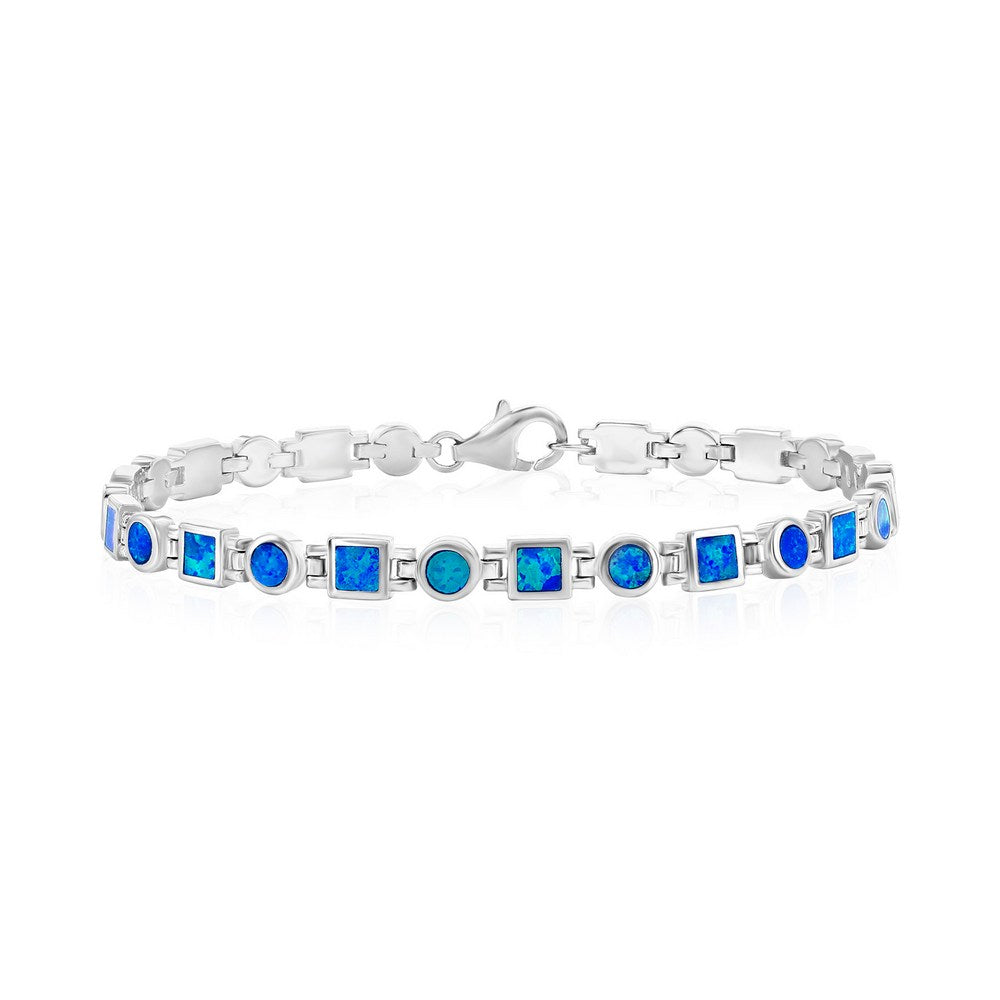 Sterling Silver Blue Inlay Opal Squares and Circles Link Bracelet