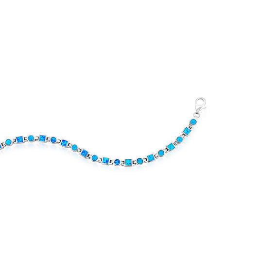 Sterling Silver Blue Inlay Opal Squares and Circles Link Bracelet