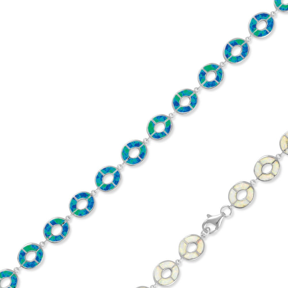 Sterling Silver Reversible White Inlay Opal Open Round Link Bracelet