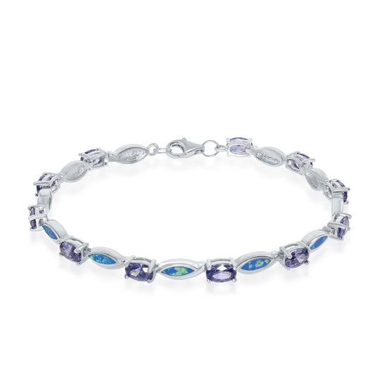 Sterling Silver, Oval Tanzanite CZ and Blue Inlay Opal Marquise Bracalet