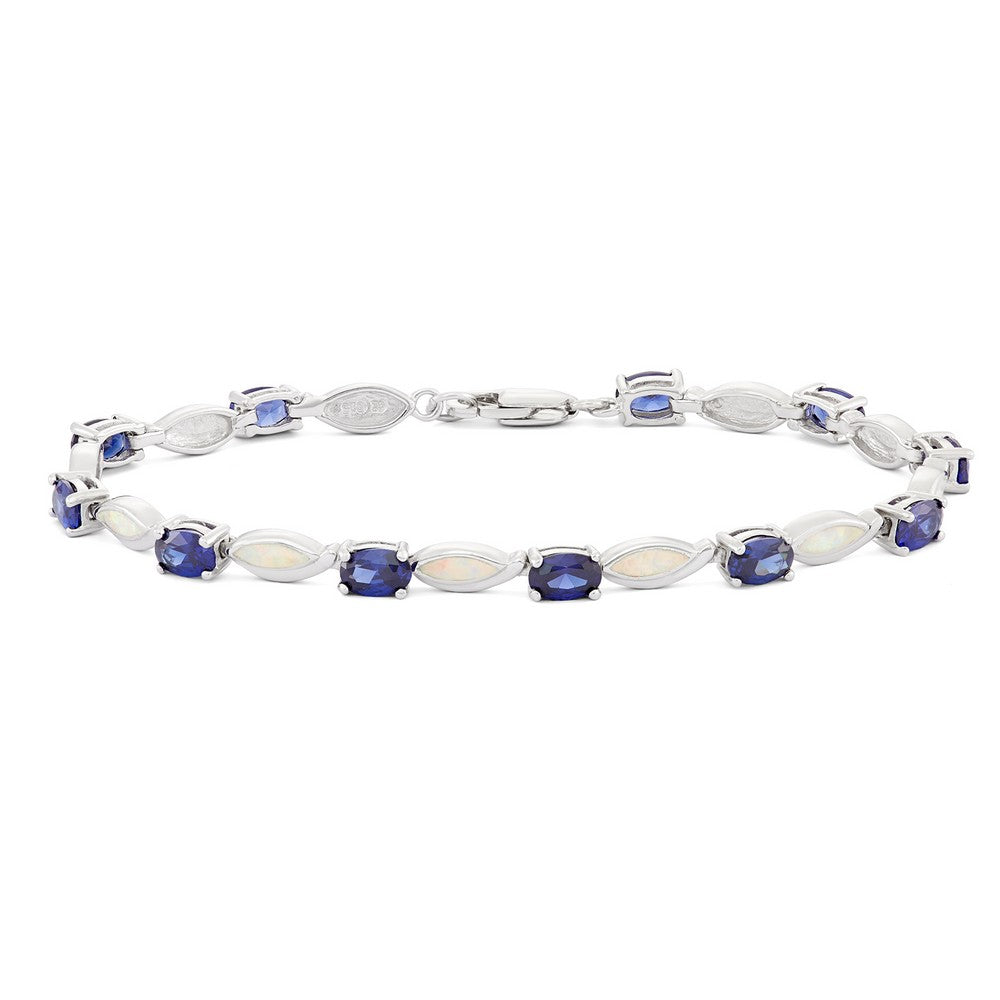 Sterling Silver, Oval Tanzanite CZ and White Inlay Opal Marquise Bracalet