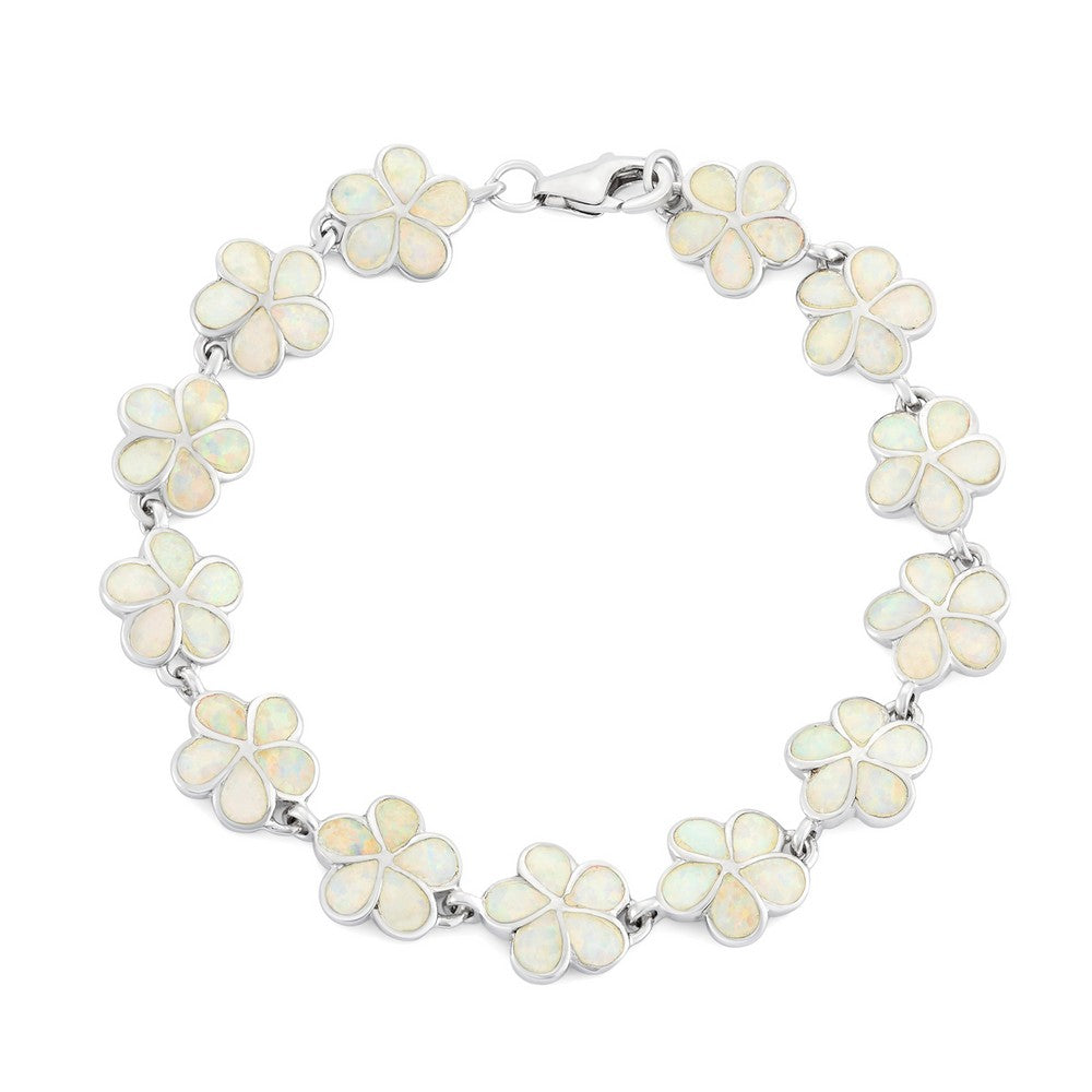 Sterling Silver White Inlay Opal Flower Link Bracelet