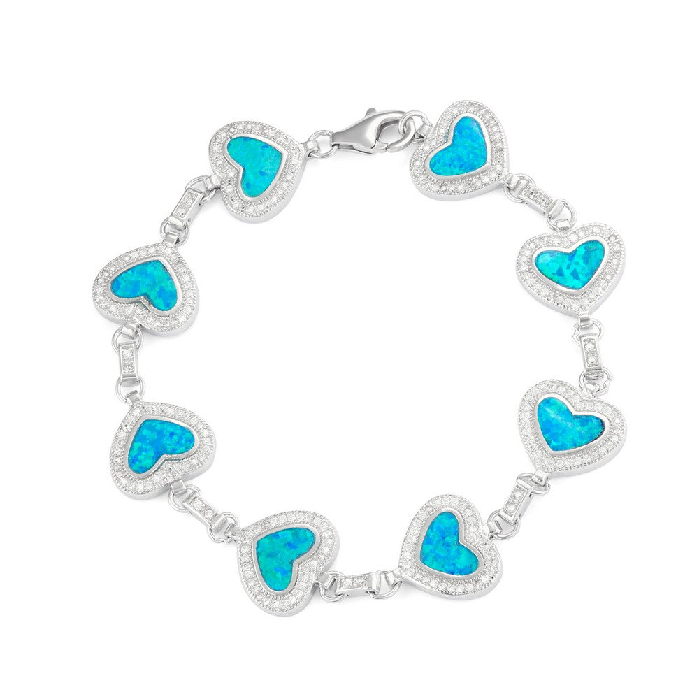 Sterling Silver Heart Blue Inlay Opal with Micro Pave CZ Border Bracelet